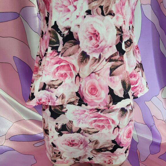 Pink Rose Mini Dress Size Small Japan Floral Bodycon Peplum Gyaru Gal Style Y2K - Picture 8 of 10